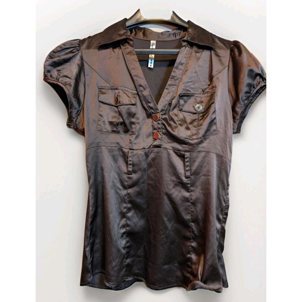 Women’s Satin Short-Sleeve V-Neck Blouse - Brown